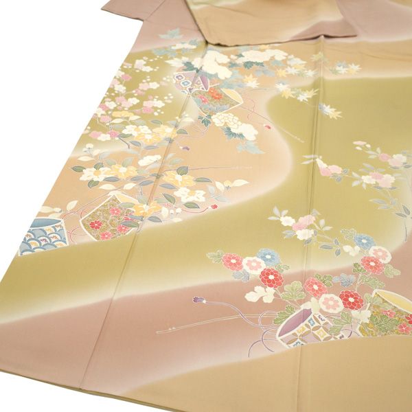 中古】 訪問着 着物 手描き友禅 フォーマル リサイクル 正絹 袷 金駒
