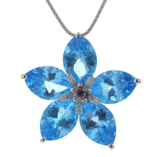 K18WG ホワイトゴールド ネックレス ブルートパーズ 31.9ct ルビー ダイヤモンド 花 フラワー 大ぶり 60cm【新品仕上済】【zz】【中古】 224,900円
