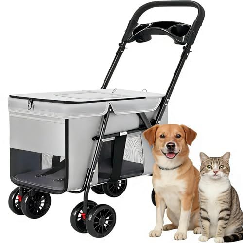 ペットカート 小型犬 中型犬 バギー 多頭 猫 コンパクト 折り畳み 軽量 ペットバギー 組み立て簡単 4輪 前輪360°回転 後輪ブレーキ付き 耐荷重55Kg カップホルダー、フックなど付属 ペットカート(グレー)mt 1cde904d