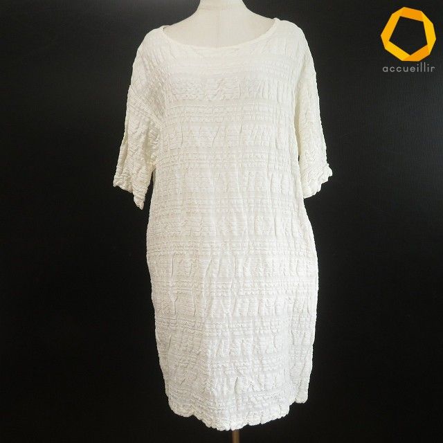 #apc プランテーション Plantation ワンピース M 白 半袖 ボーダー シワ加工 ラウンドネック レディース [838445]