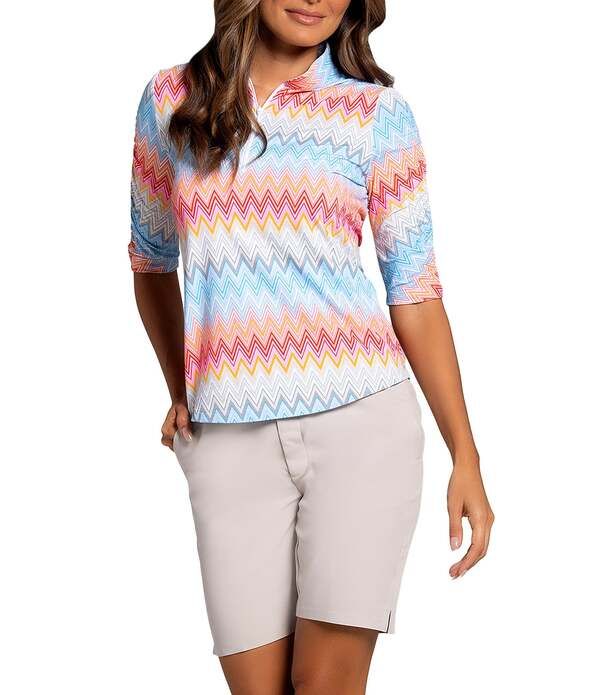 アイビークール レディース トップス Tシャツ プリント ギャザー ニット IBKUL Susan Chevron Print Mandarin Collaruched Elbow Sleeve St