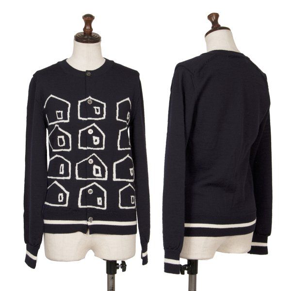 コムデギャルソン シャツボーイCOMME des GARCONS SHIRT BOY ウールハウスジャガードカーディガン 紺白XS