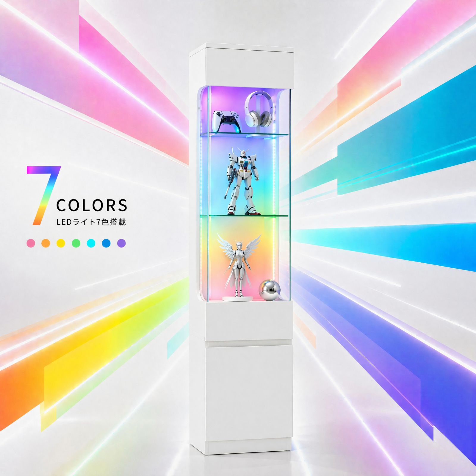【限定20台】コレクションケース【幻】幅40×奥行36.5×高さ166cm LED付き フィギュアケース Bluetooth対応 人感センサー 音楽連動 強化ガラス UV素材 隠し収納付き ガラスキャビネット ショーケース ホワイト