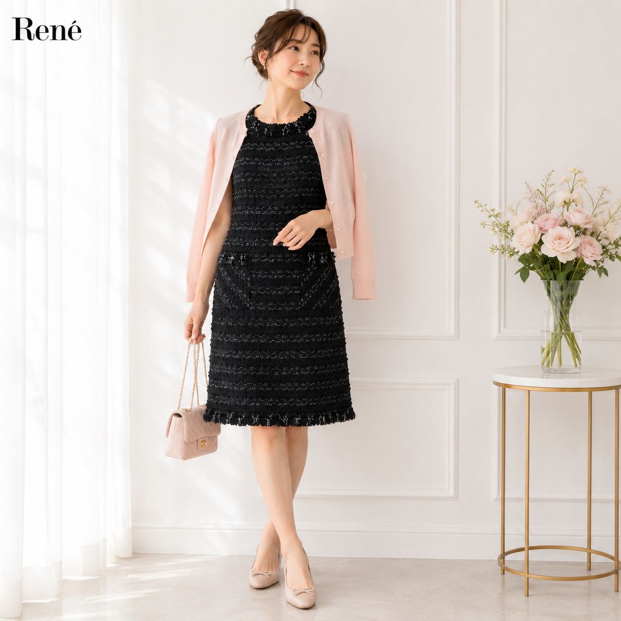 美品 ルネ ツイード キルティング ワンピース フリンジ ブラック 36 23年商品【極美品 / 上品な華やぎ フリンジ ツイードワンピース 】Rene