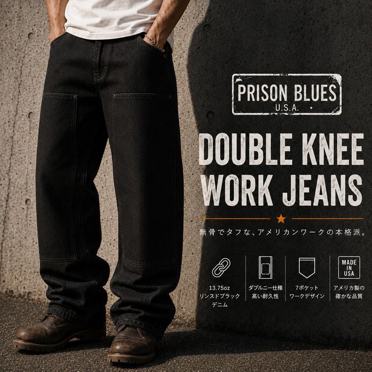 【美品】PRISON BLUES ダブルニー USA製 W32 メンズM プリズンブルース ダブルニー ワークジーンズ PRISON BLUES DOUBLE