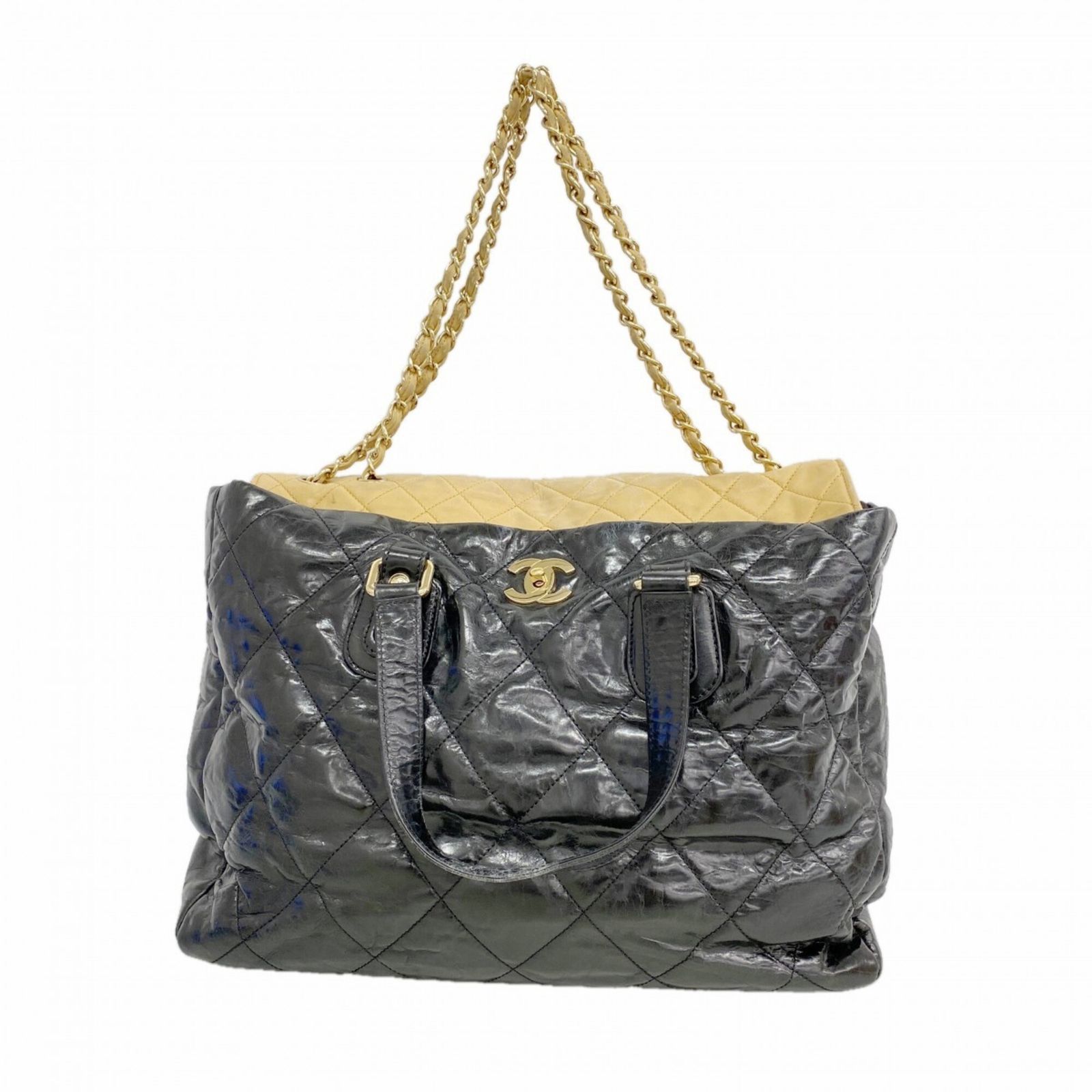 シャネル(Chanel) シャネル トートバッグ チェーンショルダー カーフスキン ブラック ベージュ 2wayバッグレディース