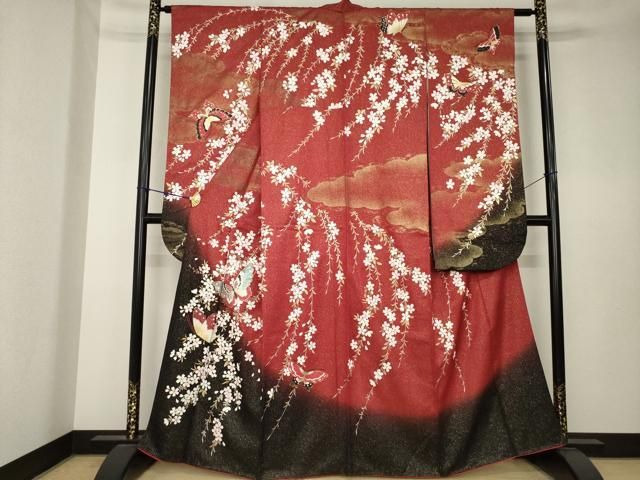 平和屋着物○森英恵・HANAE MORI 振袖 花蝶文 暈し染め 金彩 金通し地