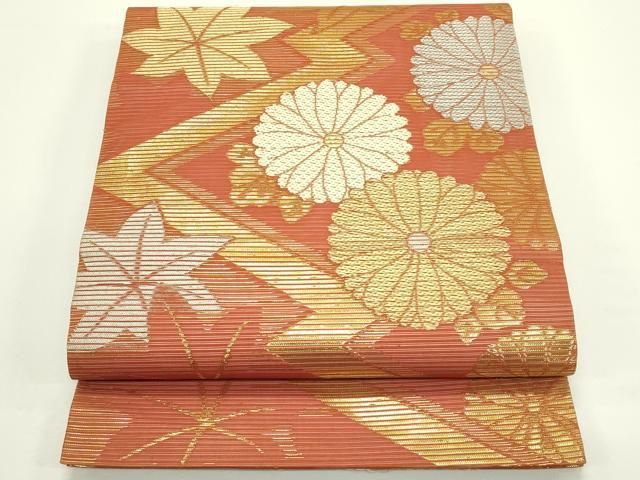 平和屋着物＊夏物　九寸開き名古屋帯　菊　楓　金銀糸　正絹　逸品　CABJ8804rv