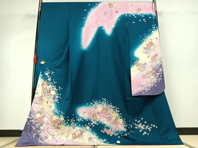 平和屋着物●豪華振袖　地紙雪輪花文　暈し染め　金彩　京都きもの友禅扱い　正絹　逸品　AABK1172fy