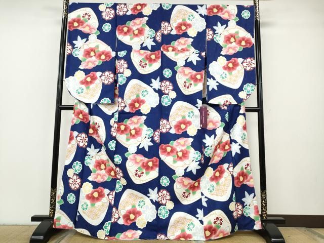 平和屋着物●小振袖　二尺袖　貝合せ花文　洗える着物　未使用　CABH2778ut
