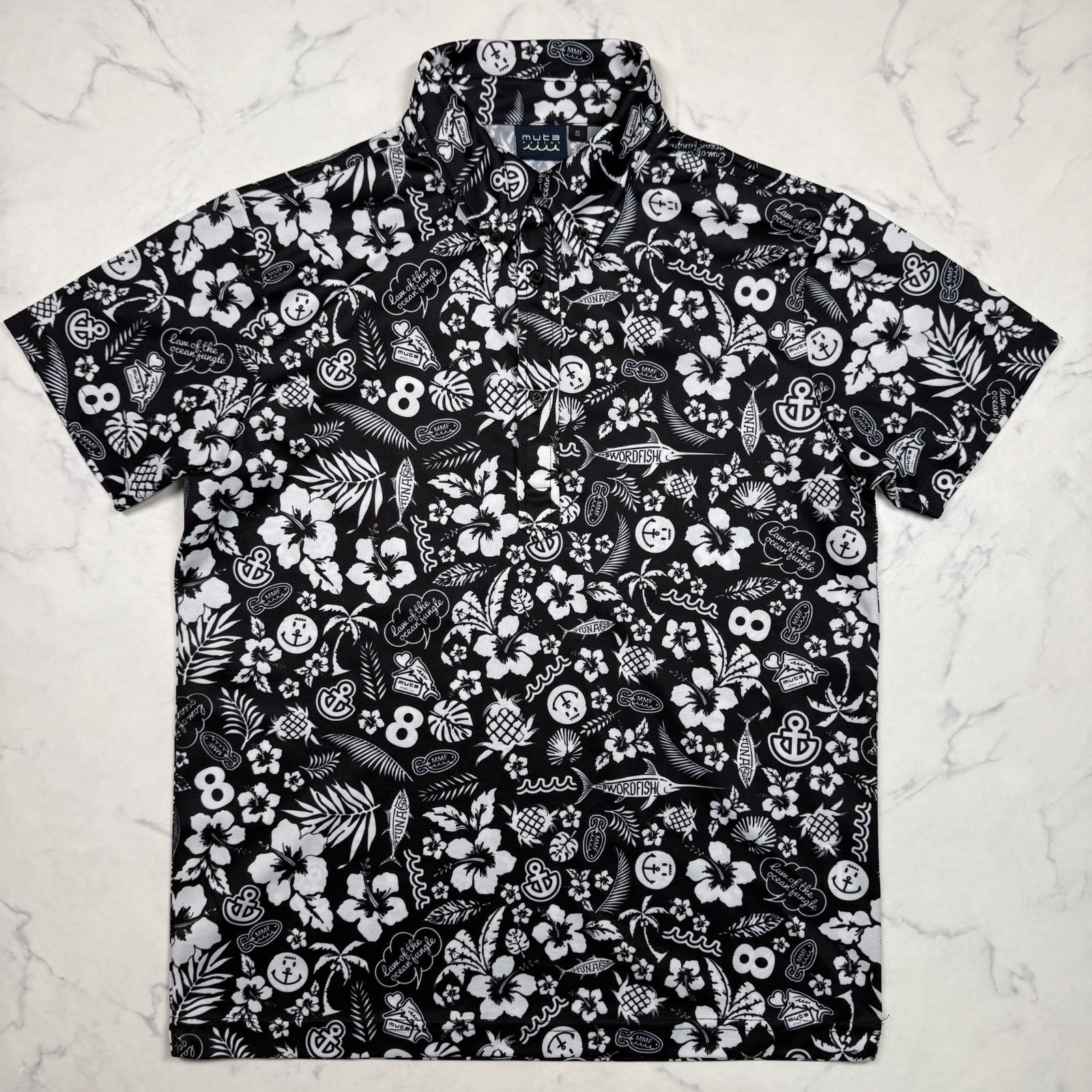 mutaMARINE ハイビスカス ゴルフウェア muta MARINE 総柄 ハイビスカス ゴルフポロシャツ メンズ S ブラック
