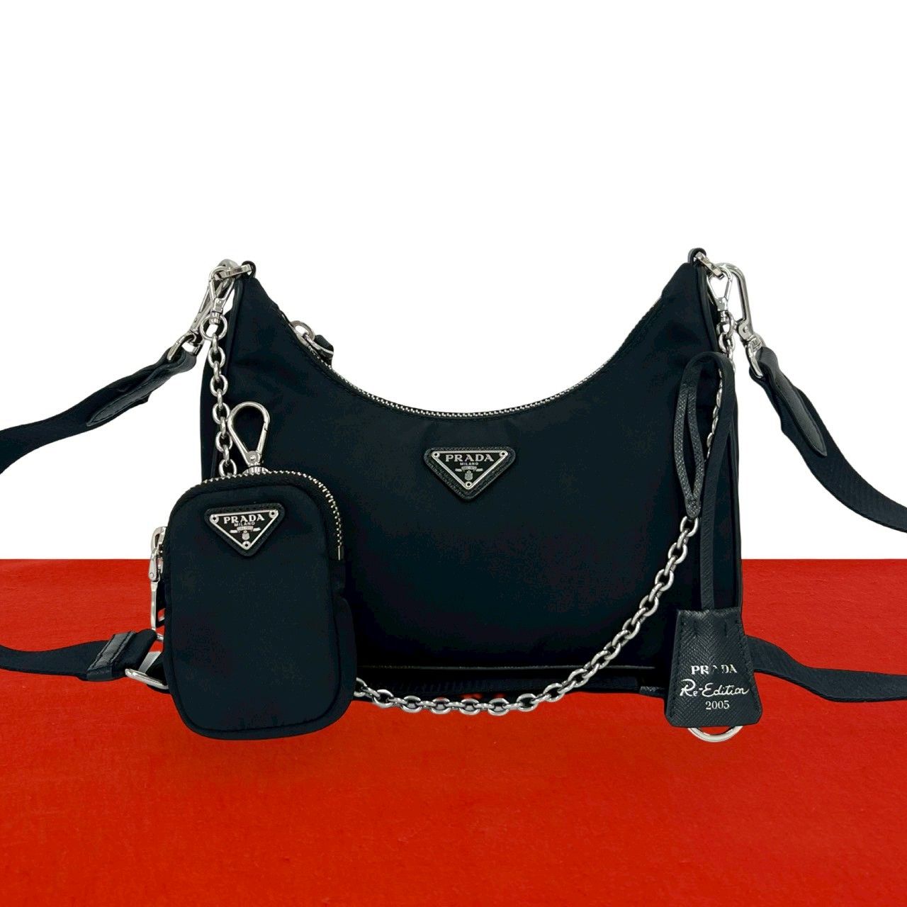極 美品 PRADA プラダ 三角 ロゴ プレート 金具 ナイロン レザー 2way