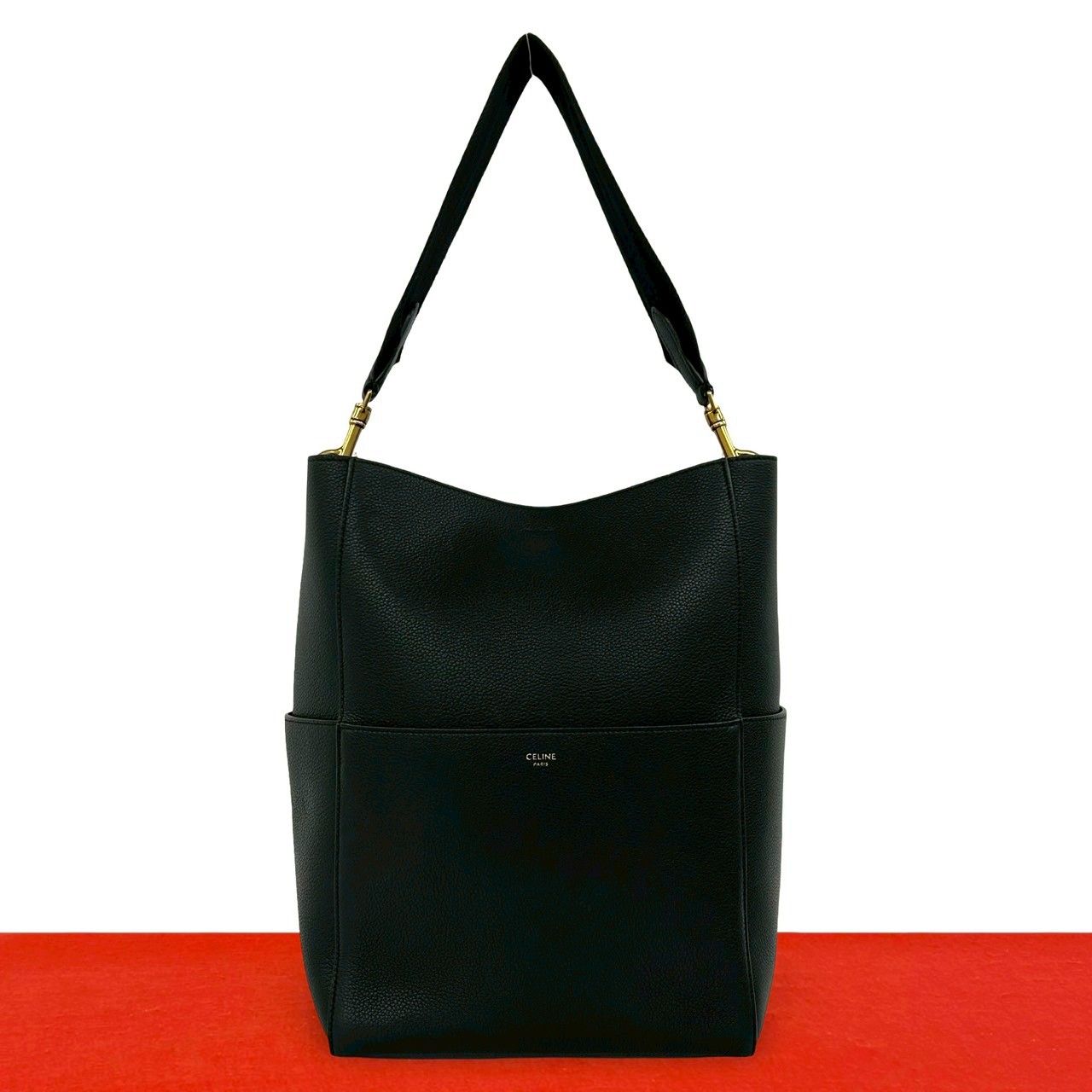極 美品 CELINE セリーヌ サングルバケット ロゴ レザー 本革 セミ
