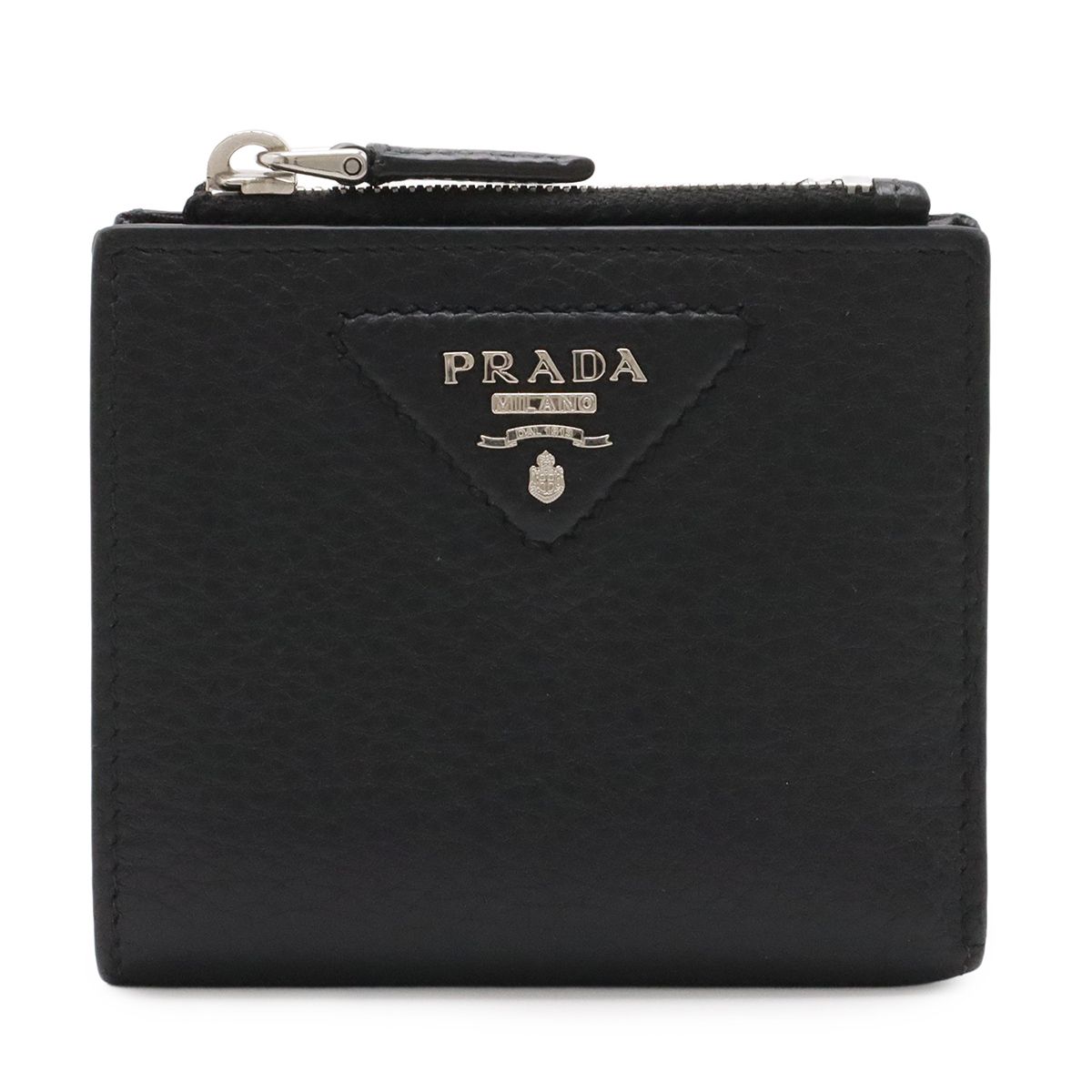PRADA プラダ トライアングルロゴ コンパクトウォレット 2つ折財布 二つ折り財布 レザー NERO 黒 ブラック シルバー金具 2ML049