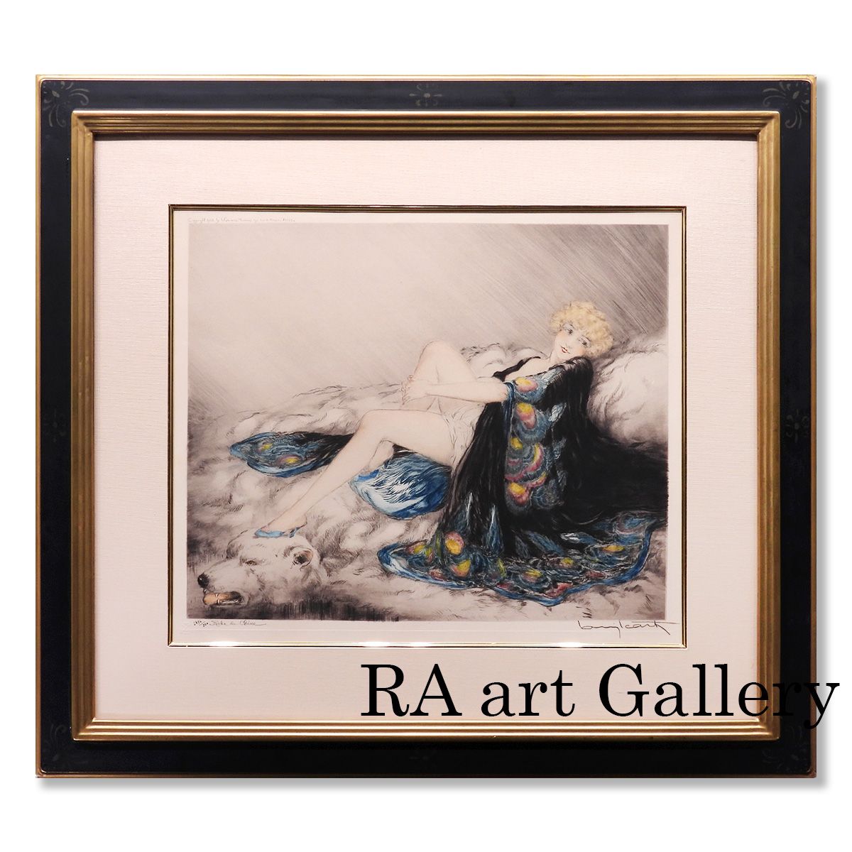 ルイ・イカール シルクのローブ 人物画 作家直筆サイン 女性像 銅版画作品 エッチング 熊 毛皮 アンティーク 絵画 真作保証 値下げ交渉可能