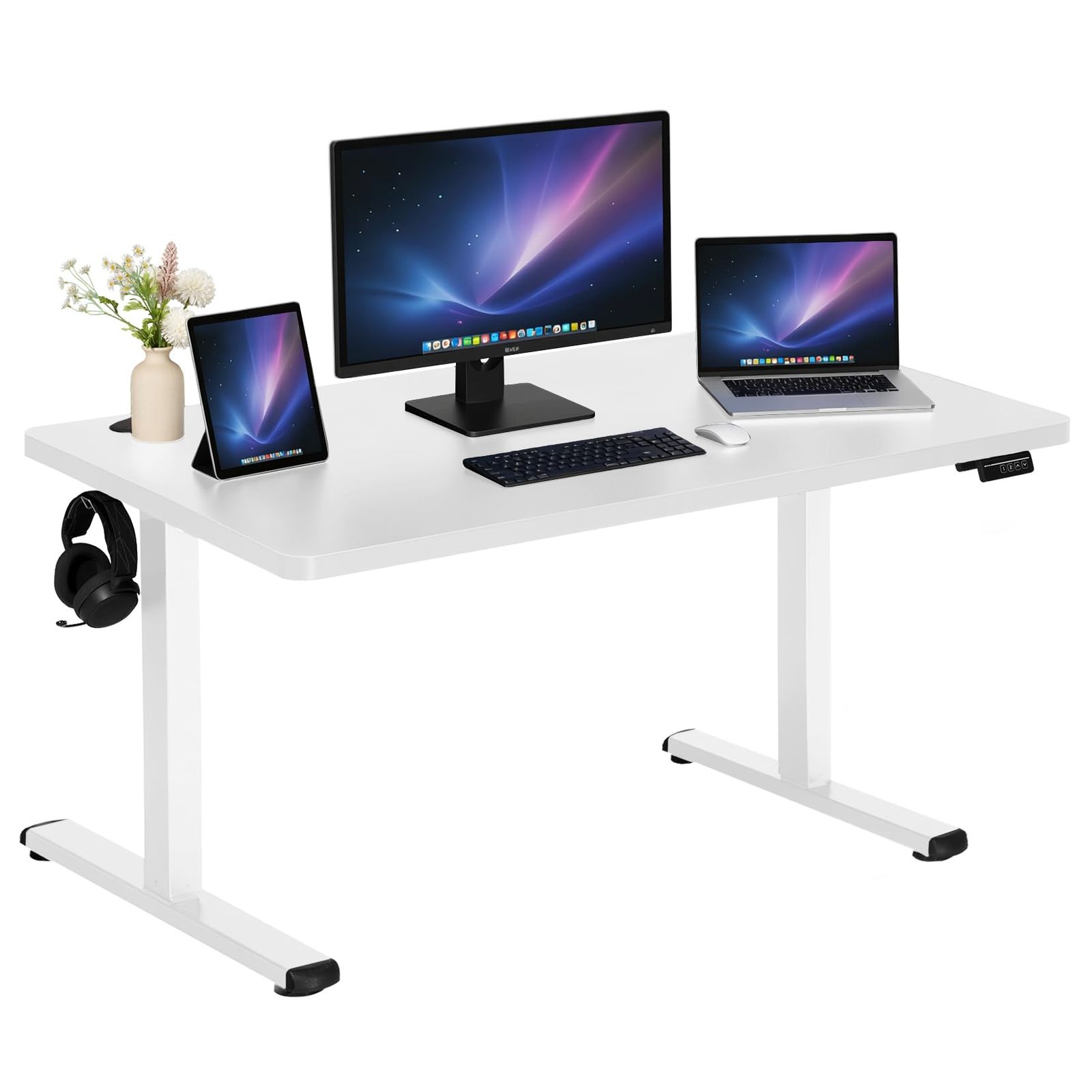 Avocahom 電動昇降式スタンディングデスク 作業机 パソコンデスク ゲーミングデスク 幅 120cm× 奥行 60cm 高さメモリー機能付き 無段階高さ調整 静音 スムーズ自動昇降 耐荷重 70kg 安定 人間工学 オフィスワーク テレワーク 収納フック