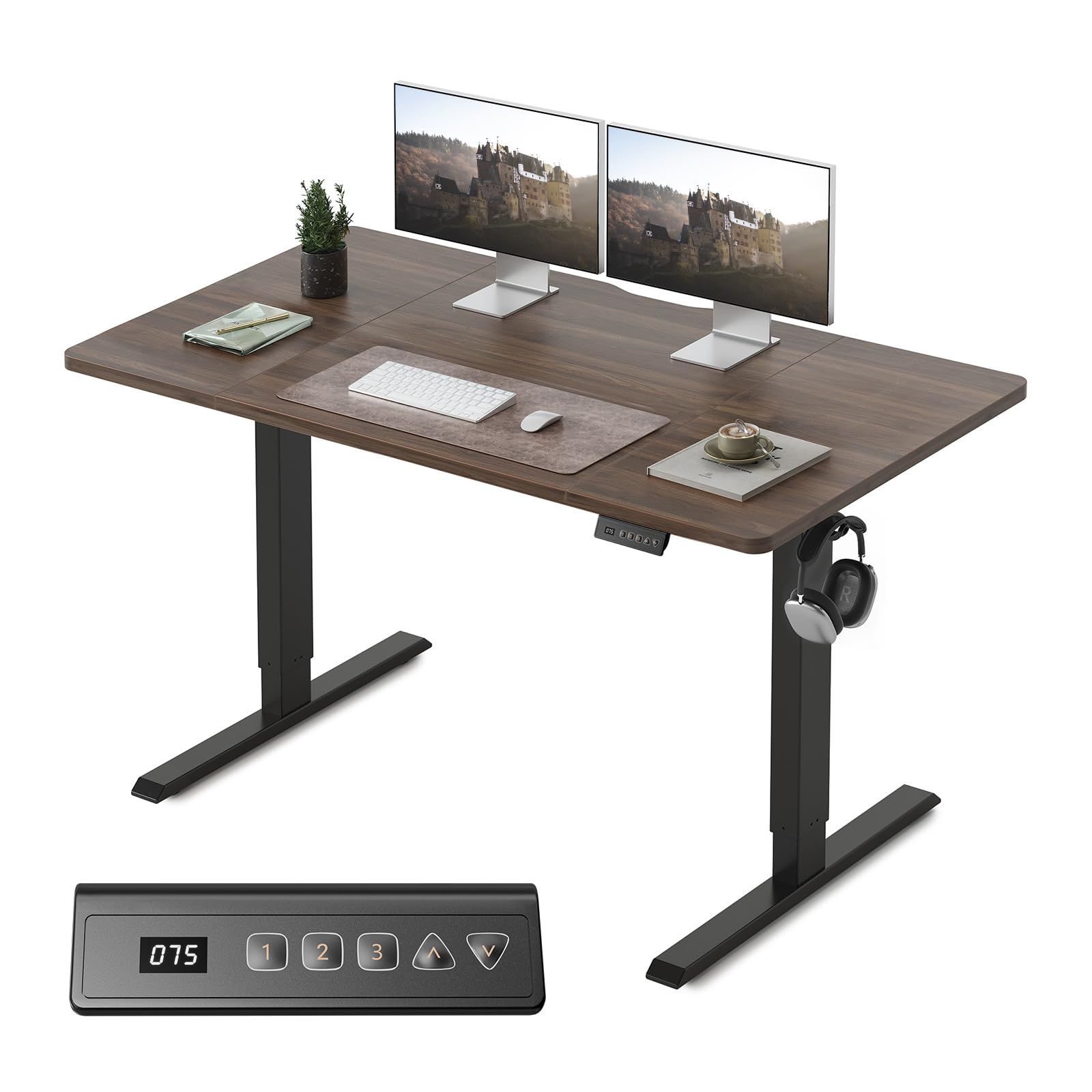 FEZIBO 電動 オフィスワークテーブル 昇降式デスク スタンディングデスク 幅140cm 高さメモリー機能 上下自動昇降 静音 収納フック付き 机 作業机 テレワーク 【幅140 x 奥行き70 x 高さ72-118cm】（クルミ）