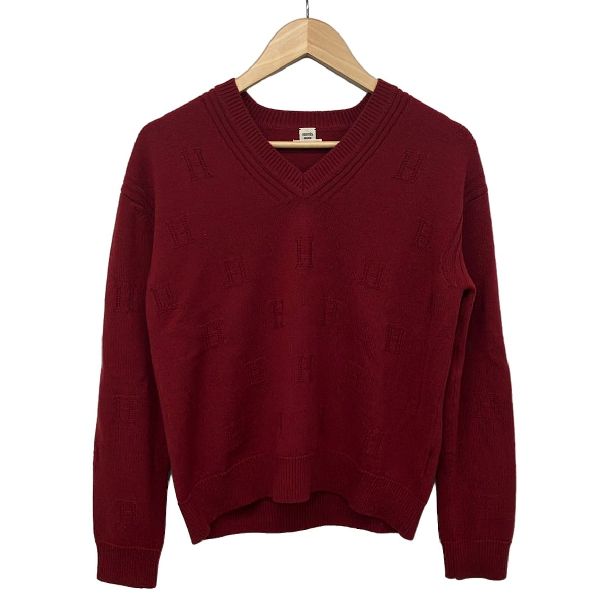 HERMES(エルメス) 長袖セーター サイズ36 S レディース美品 レッド Hロゴ/Vネック