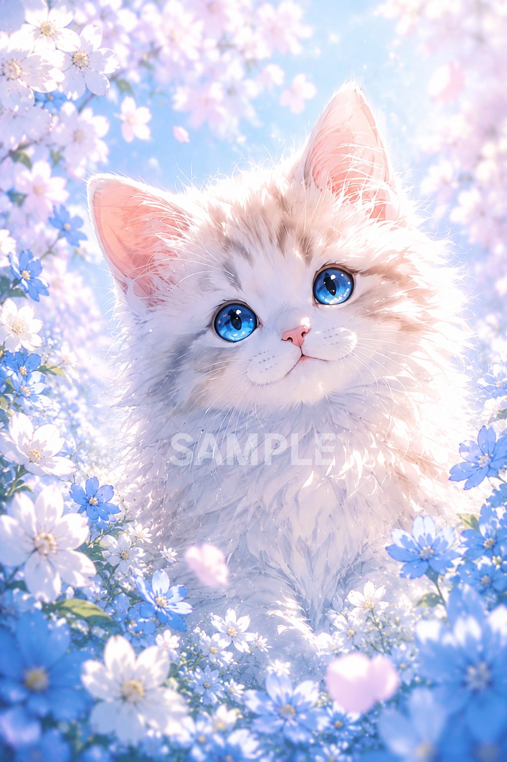 601 花と子猫 ファンタジーイラスト 2Lサイズ 猫アート インテリア