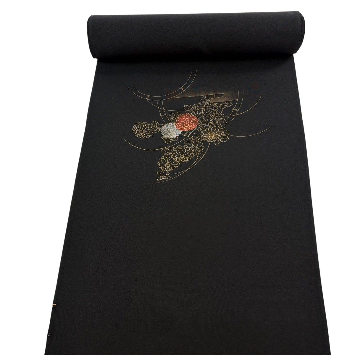 反物 優品 羽尺 羽織 和装コート 菊 ヱ霞 金彩 黒 正絹 【中古