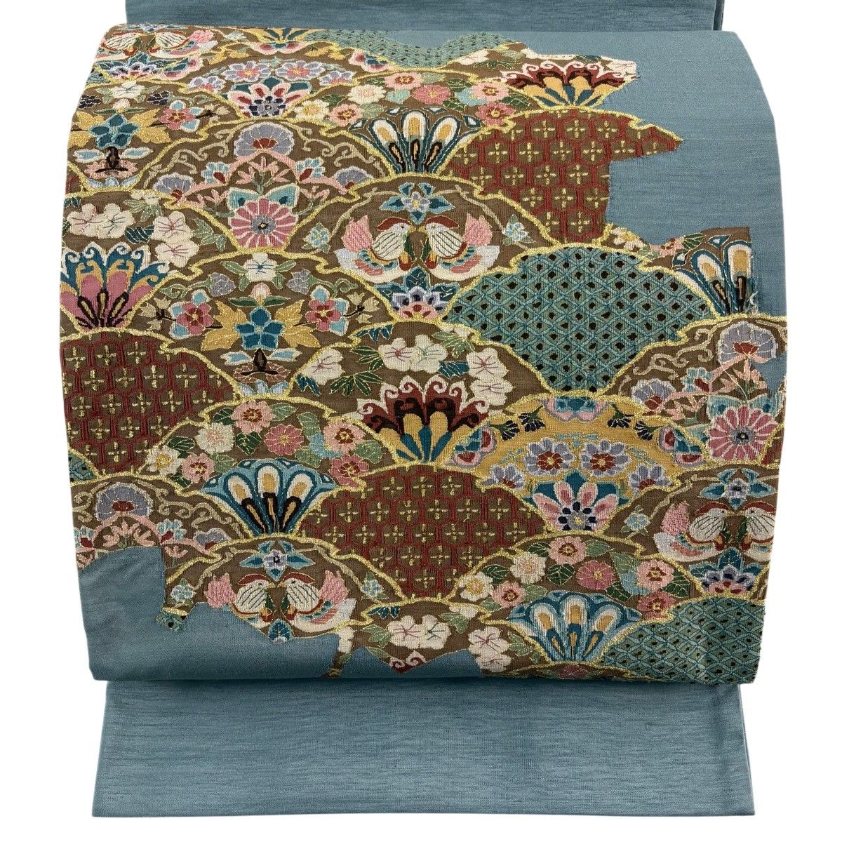 袋帯 逸品 雪輪青海波 花鳥 金糸 青灰色 お太鼓柄 正絹 【中古】