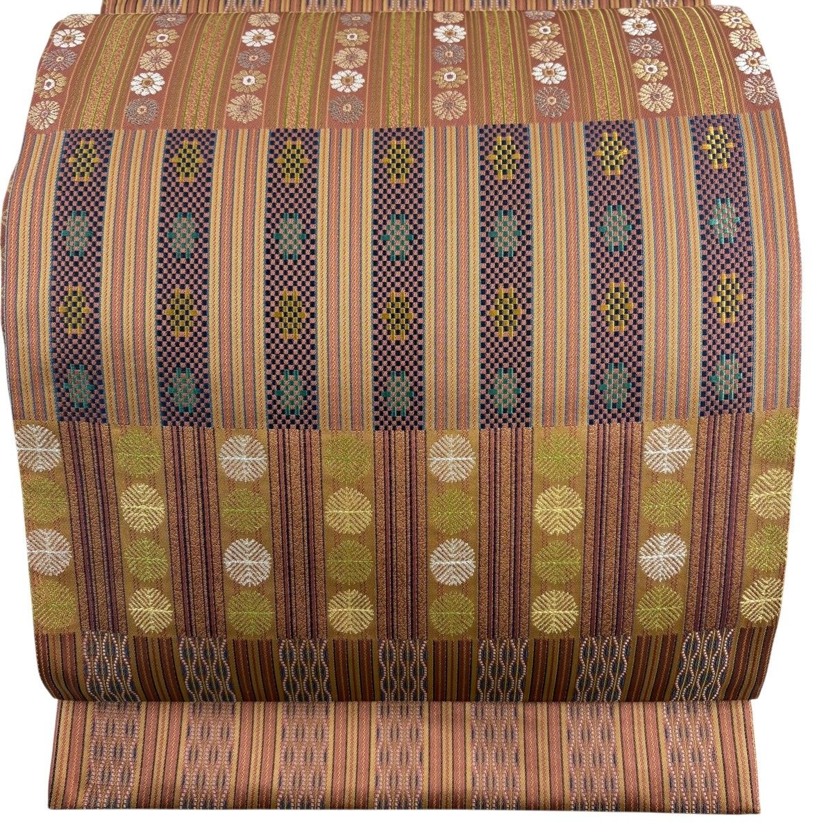 【美品】 袋帯 名品 縞 花 茶色 六通 正絹 【中古】