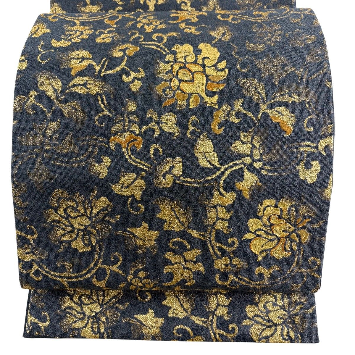 袋帯 名品 花唐草 金糸 箔 青灰色 お太鼓柄 正絹 【中古】