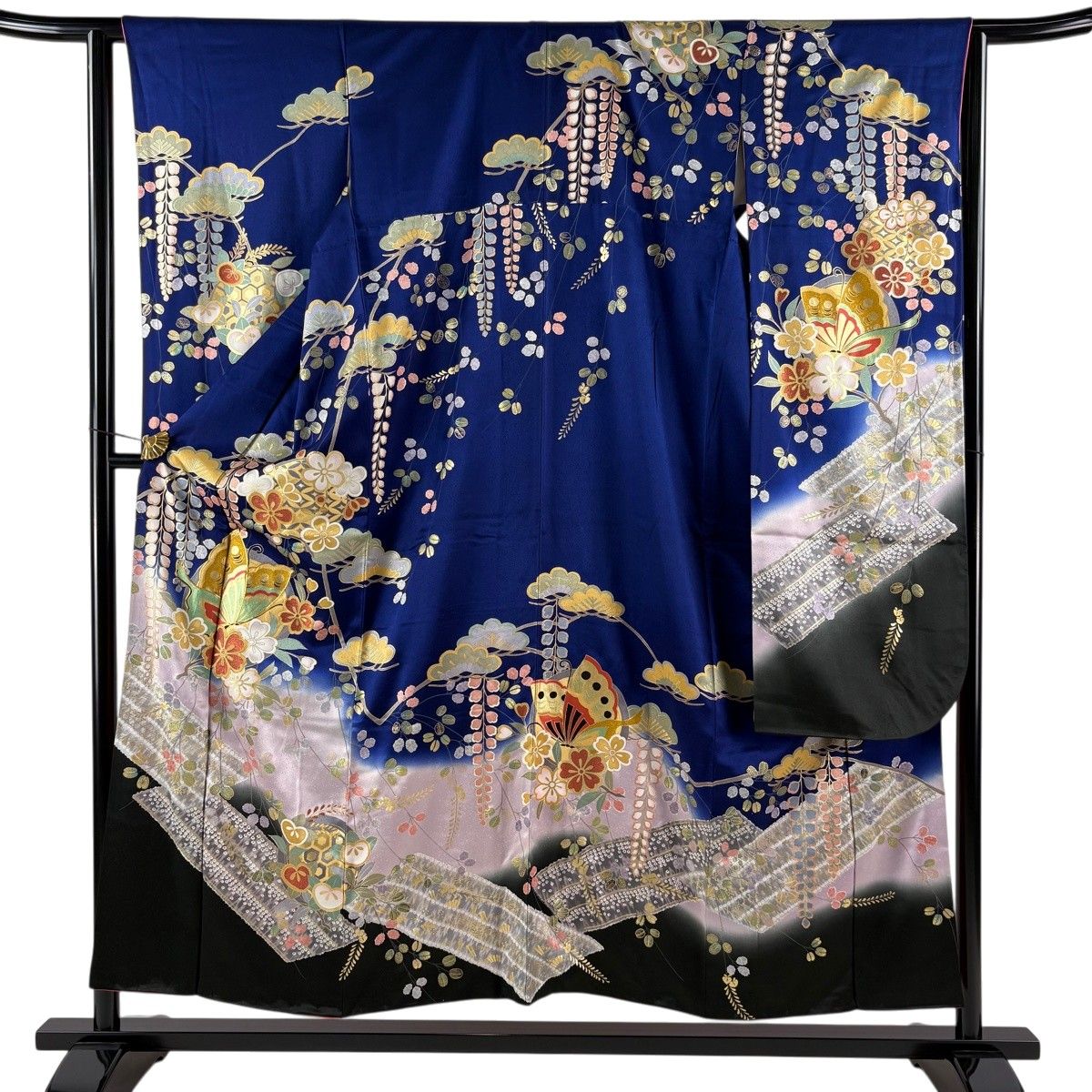正絹 豪華 濃青色 金糸振り袖 未使用に近い 美品】 振袖 身丈152.5cm 裄丈63cm S 袷 蝶 桜 金糸 金彩 紺色 正絹 秀
