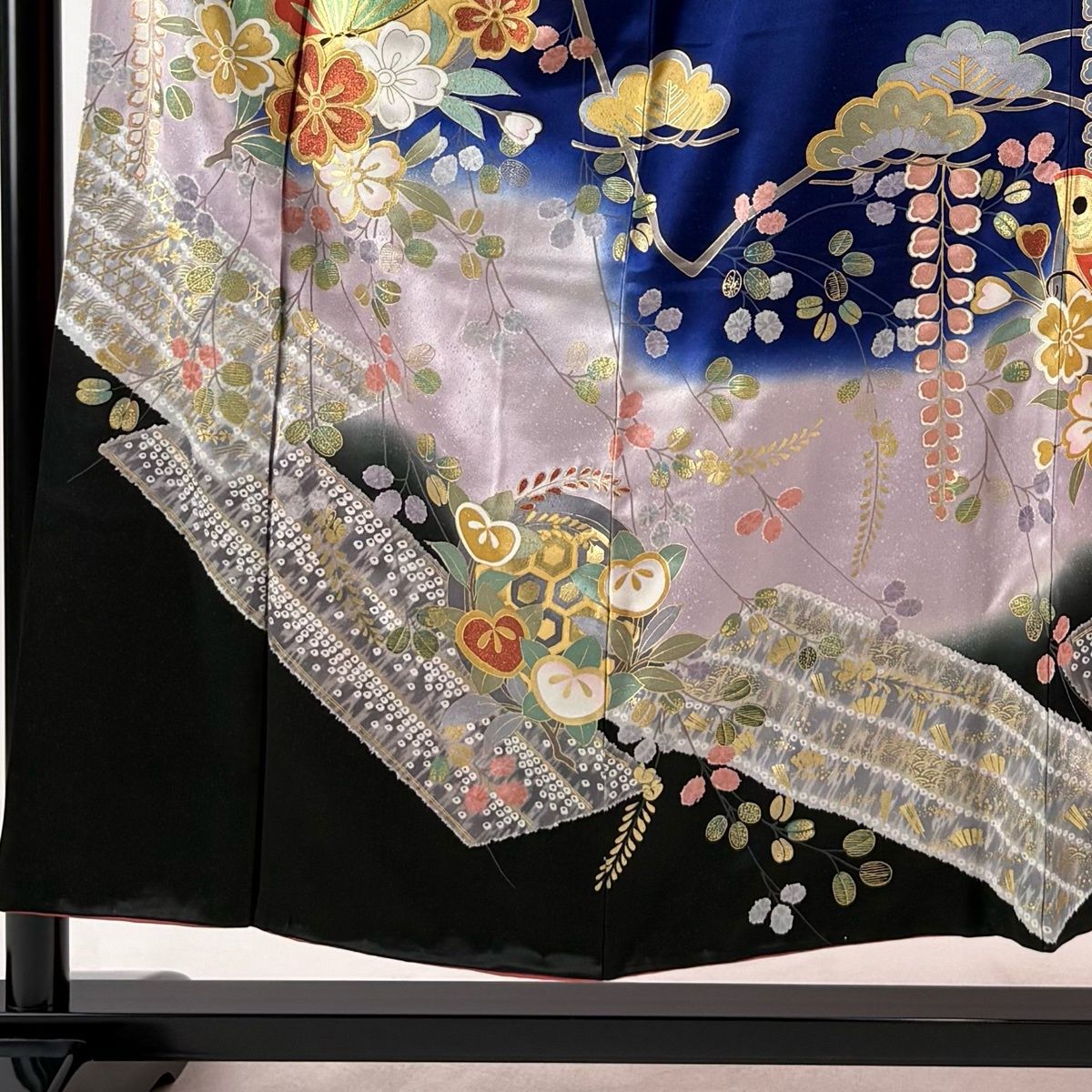 正絹 豪華 濃青色 金糸振り袖 未使用に近い 美品】 振袖 身丈152.5cm 裄丈63cm S 袷 蝶 桜 金糸 金彩 紺色 正絹 秀
