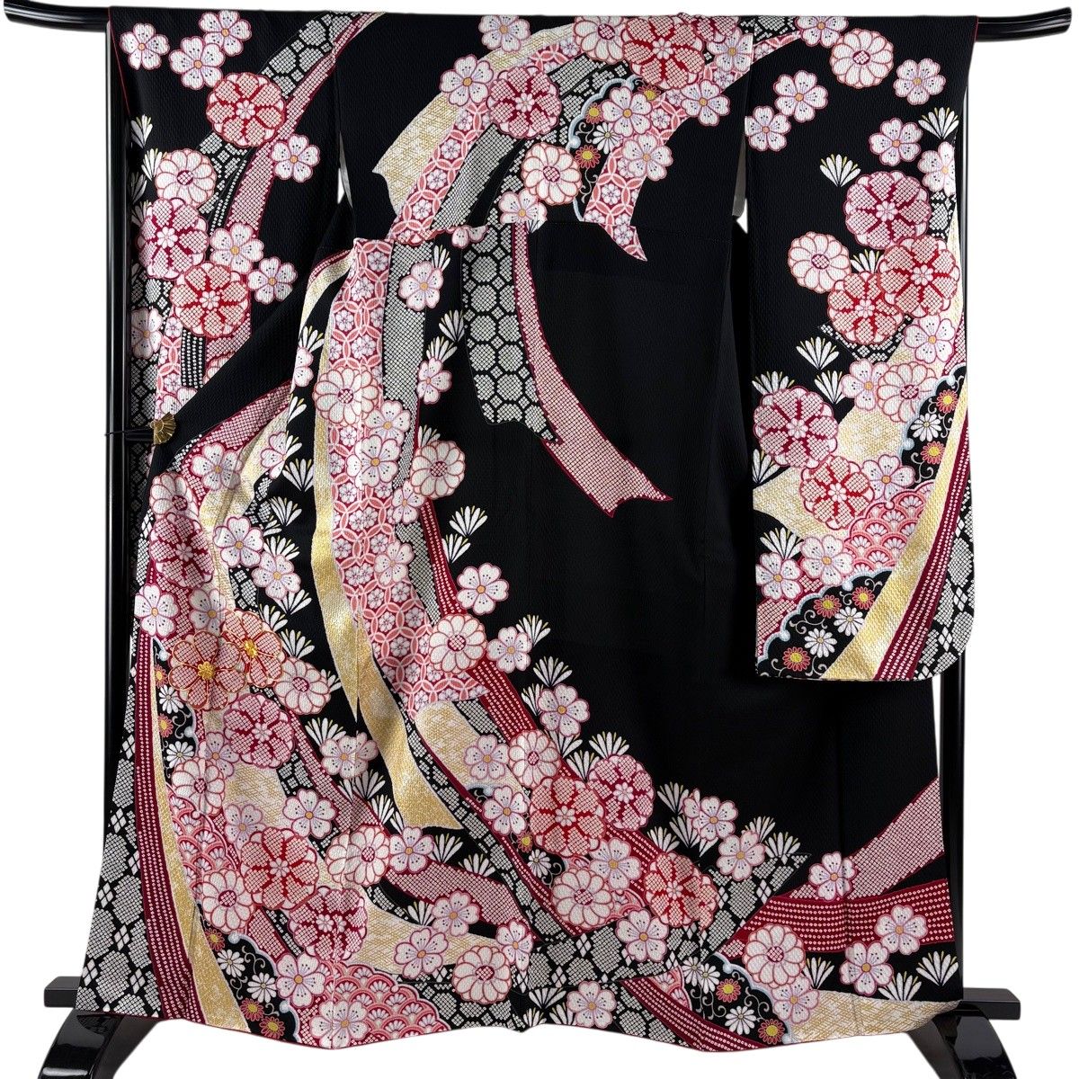 【美品】 振袖 身丈163cm 裄丈67.5cm L 袷 桜 花 金糸 金彩 黒 正絹 名品 【中古】