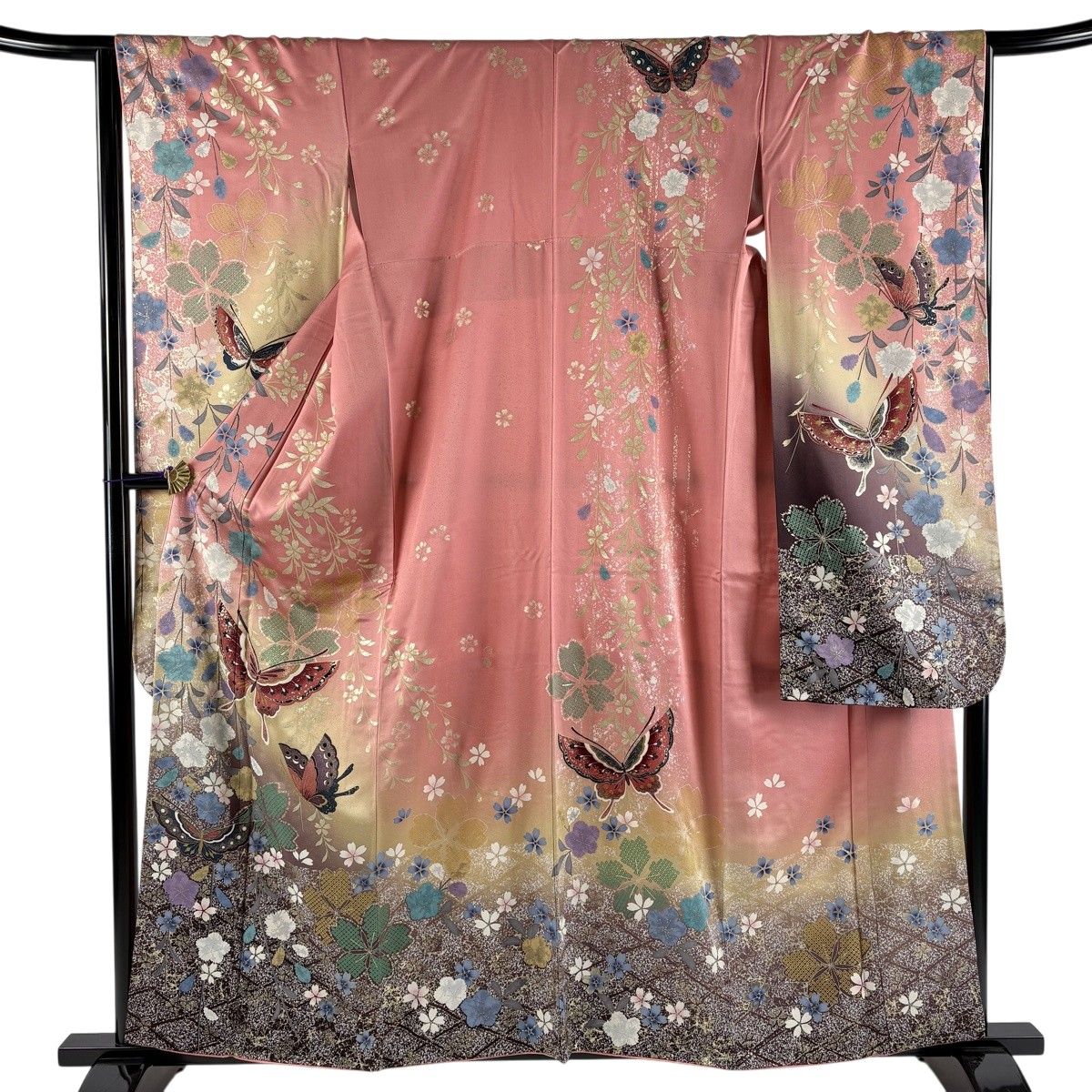 振袖 身丈160cm 裄丈65cm M 袷 蝶 枝垂れ桜 金彩 染め分け サーモンピンク 正絹 秀品 【中古】