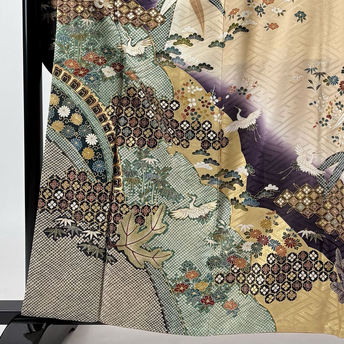 振袖 身丈161cm 裄丈66cm M 袷 鶴 松竹梅 金通し 金彩 紫 正絹 秀品