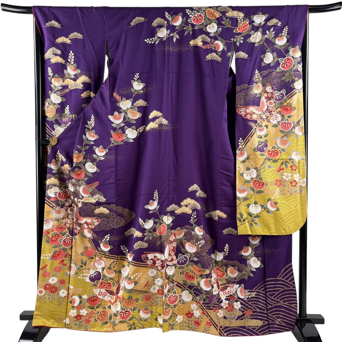 振袖 身丈164.5cm 裄丈67cm M 袷 蝶 橘花 金彩 紫 正絹 秀品 【中古