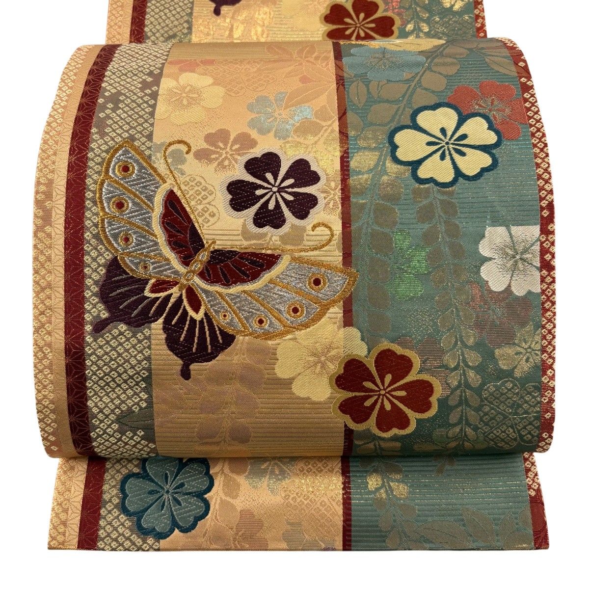袋帯 秀品 草花 蝶 金銀糸 箔 薄茶色 全通 正絹 【中古】 - メルカリ
