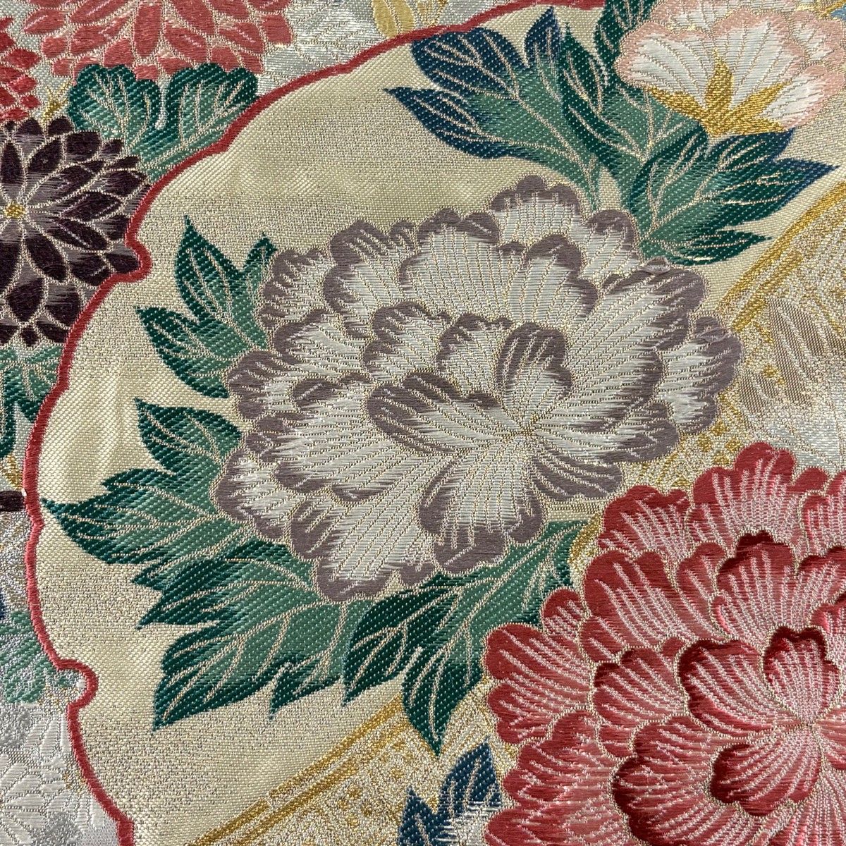 美品】 袋帯 秀品 雪輪 草花 箔 金銀糸 灰色 六通 正絹 【中古
