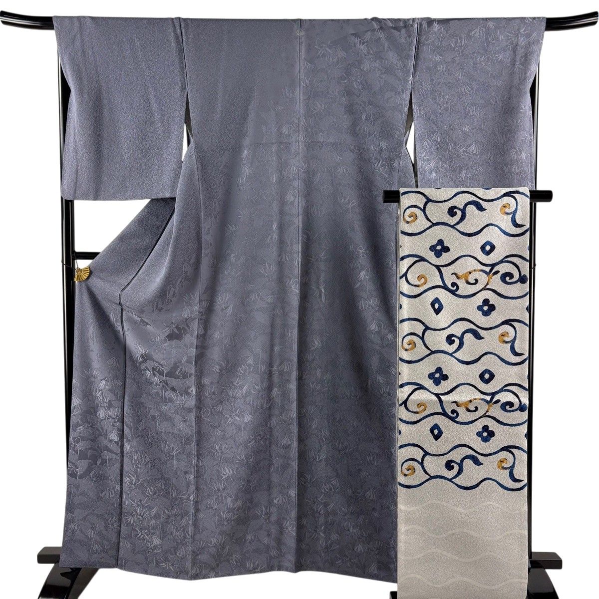 訪問着 袋帯2点セット身丈161cm 裄丈68.5cm L 袷 花 流水 正絹 美品】 訪問着 身丈162cm 裄丈68.5cm L 袷 袋帯セット 落款 草花 青