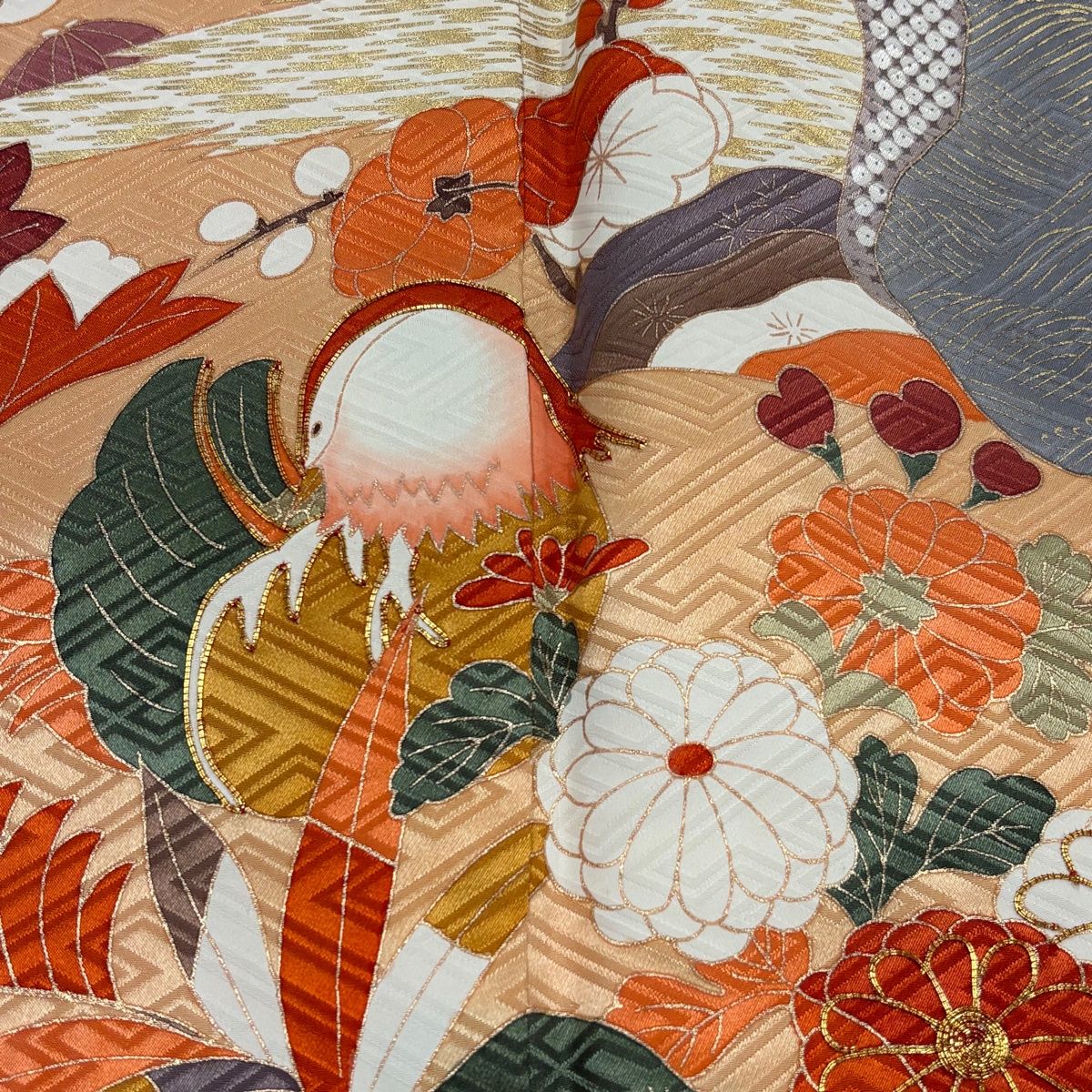 美品】 振袖 身丈165.5cm 裄丈66cm M 袷 袋帯フルセット 鴛鴦 草花