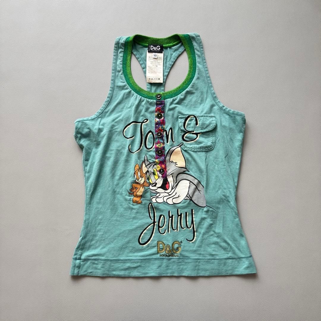 DOLCE&GABBANA ドルチェ&ガッバーナ D&G ドルガバ タンクトップ トムとジェリー Tom&Jerry グラフィック プリント ノースリーブ カットソー ベスト レーサーバック フロントボタン ライトグリーン XS 近年 キャラクター【D447】