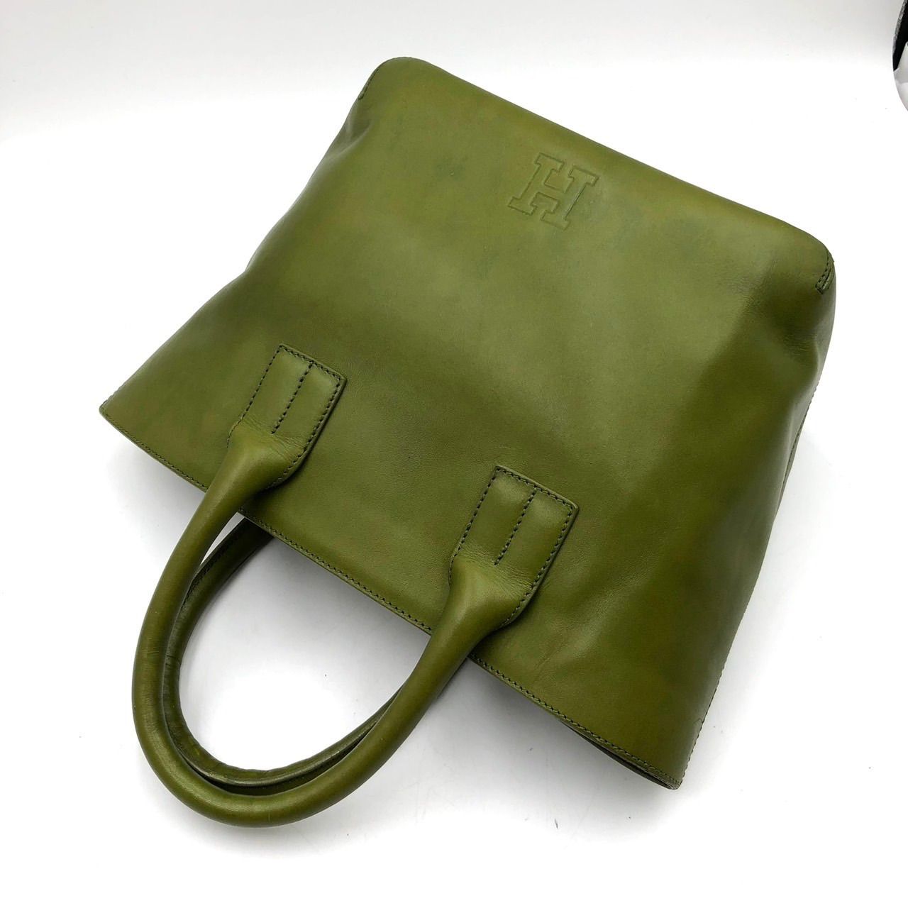 HIROFU ヒロフ トートバッグ ハンドバッグ レザー グリーン 緑 Hロゴ