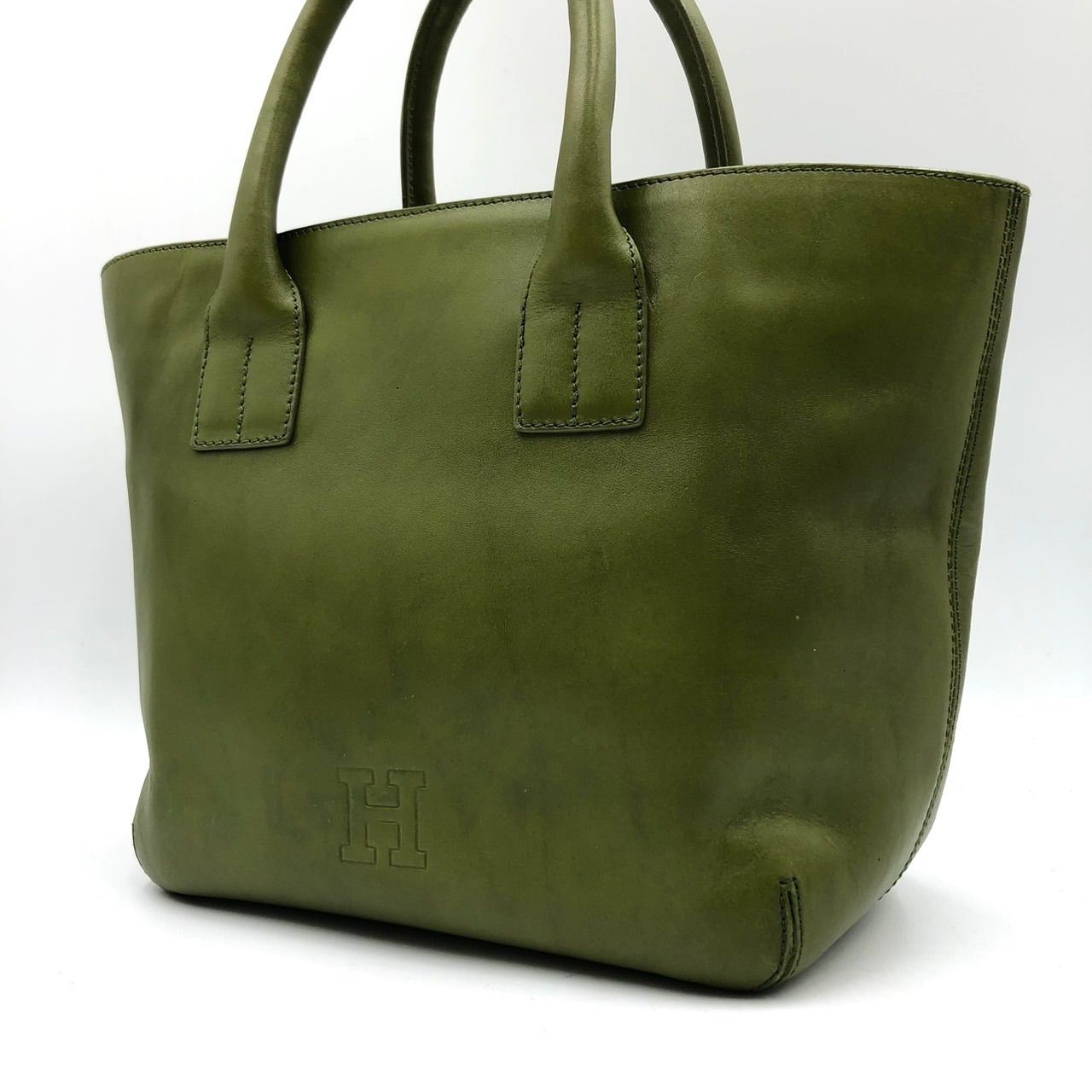 極美品✨ ヒロフ HIROFU トートバッグ ハンドバッグ パティオ　グリーン HIROFU ヒロフ トートバッグ ハンドバッグ レザー グリーン 緑 Hロゴ