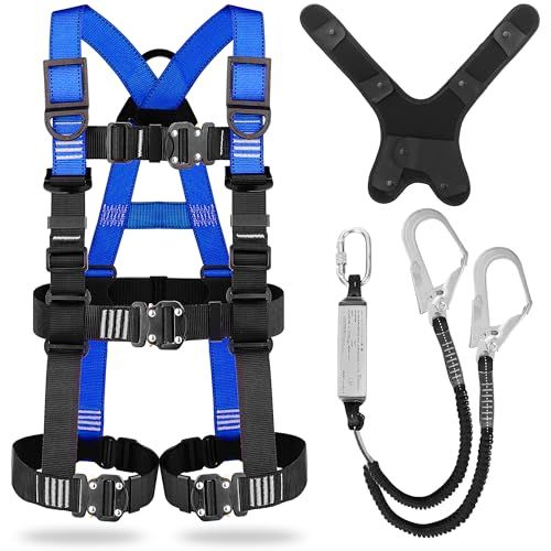 【新品】フルハーネス 新規格 セット 安全帯 安全保護 ワンタッチ バックル 脱着簡単 ハーネス安全帯 ランヤード付き 2丁掛け 肩パッド 収納袋付き 墜落制止用器具 高所作業用 落下防止 電気工事