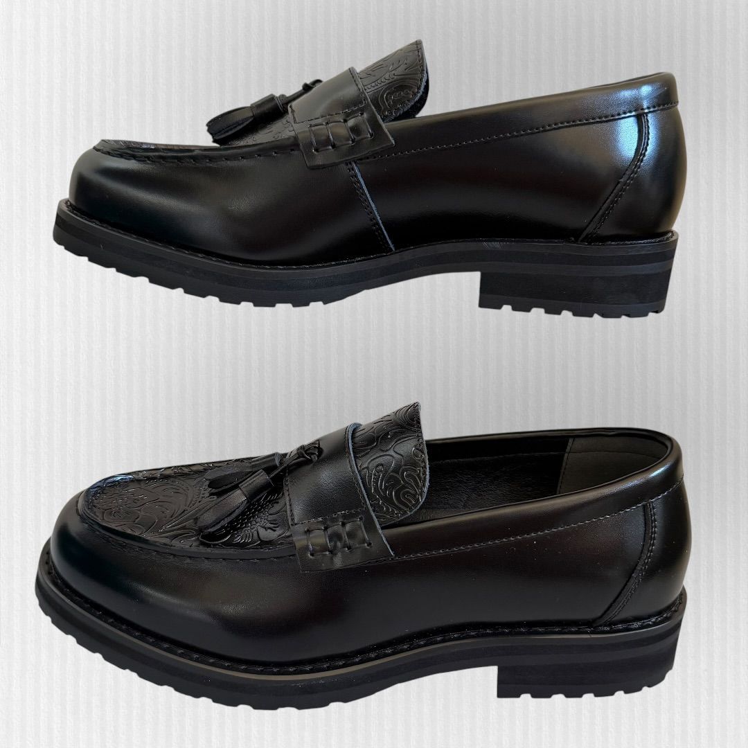極美品✨Oxford and Derby ペイズリー タッセルローファー 黒 未使用級】Oxford and Derby 27.5 黒 ペイズリー タッセルローファー