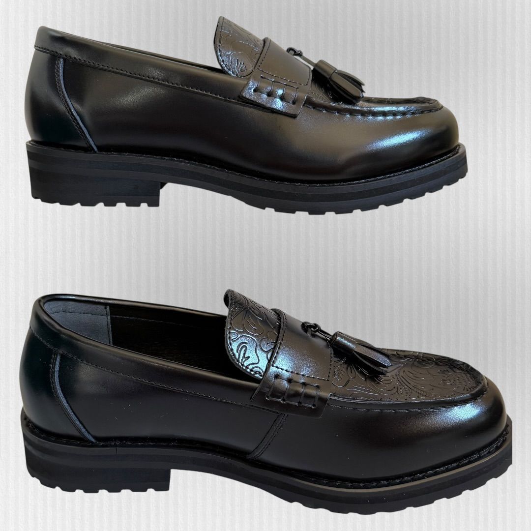 新品 Oxford & Derby ペイズリー型押し タッセルローファー 未使用級】Oxford and Derby 27.5 黒 ペイズリー タッセルローファー