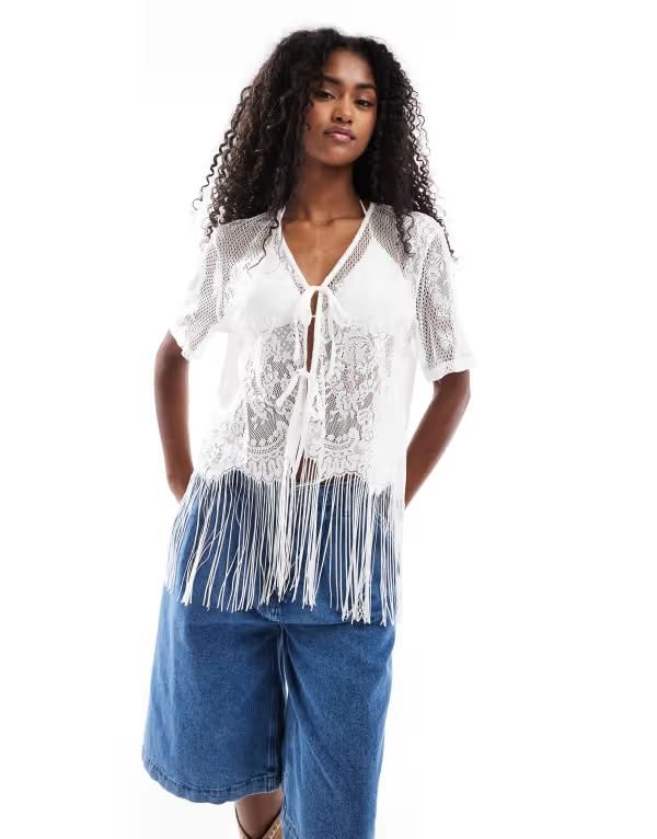 ピーシーズ レディース アウター カーディガン フリンジ Pieces tie front western cardigan with fringe hem in cream CLOUD DANCER 8,725円