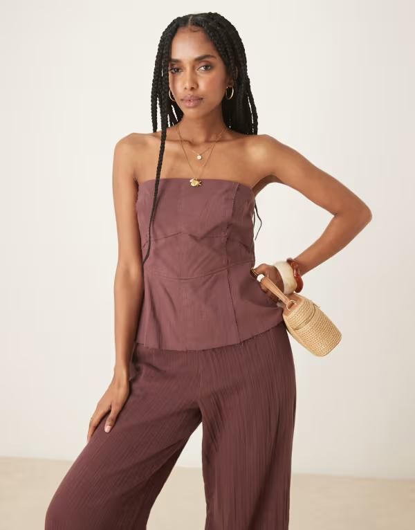 エイソス レディース トップス ジャンプスーツ コットン リネン ASOS DESIGN bandeau top linen look cotton jumpsuit in chocolate Cho