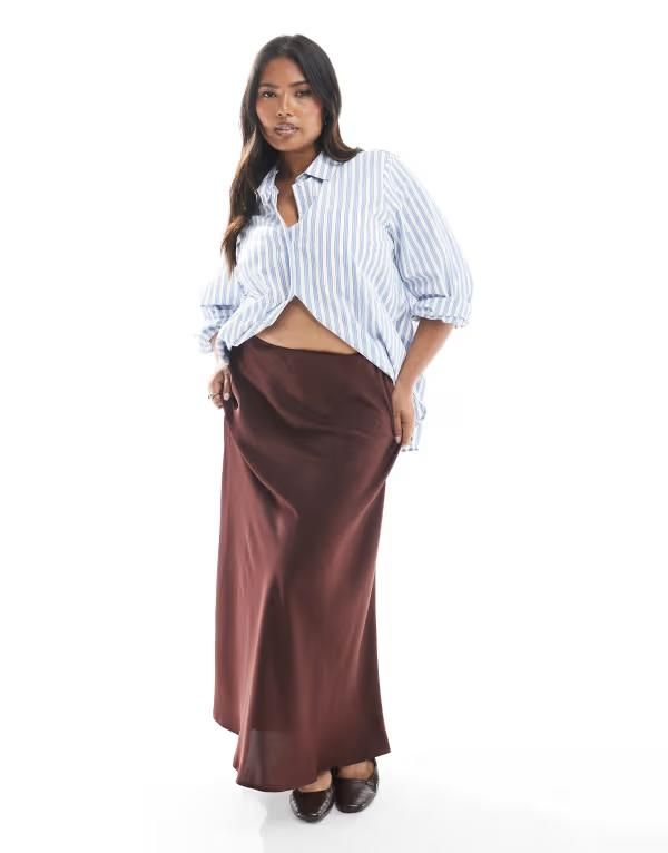 エイソス レディース ボトムス スカート サテン マキシ ASOS Curve ASOS DESIGN Curve satin bias maxi skirt in chocolate Chocola