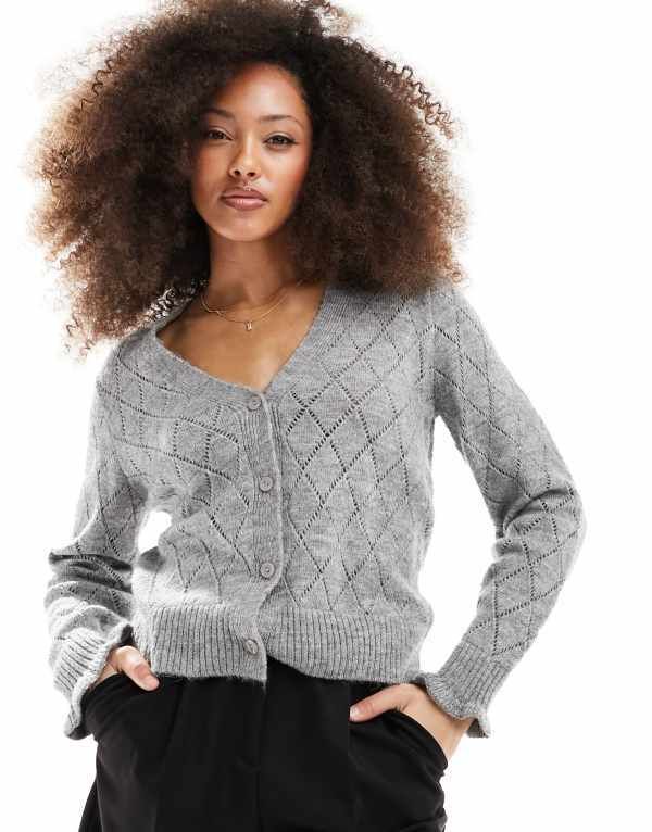ジェイディーワイ レディース アウター カーディガン ニット JDY diamond knit cardigan with lettuce sleeve melange LIGHT GRAY MELA