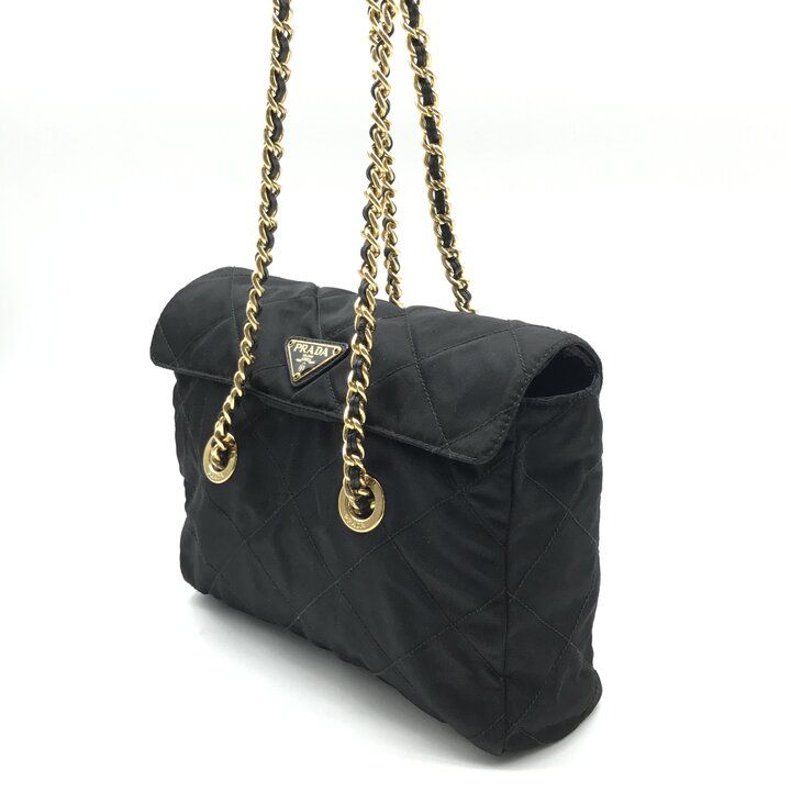 良品 PRADA プラダ 三角ロゴ プレート ナイロン キルティング チェーン