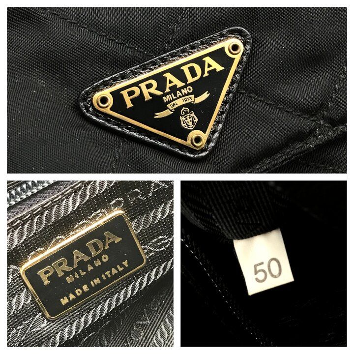 良品 PRADA プラダ 三角ロゴ プレート ナイロン キルティング チェーン