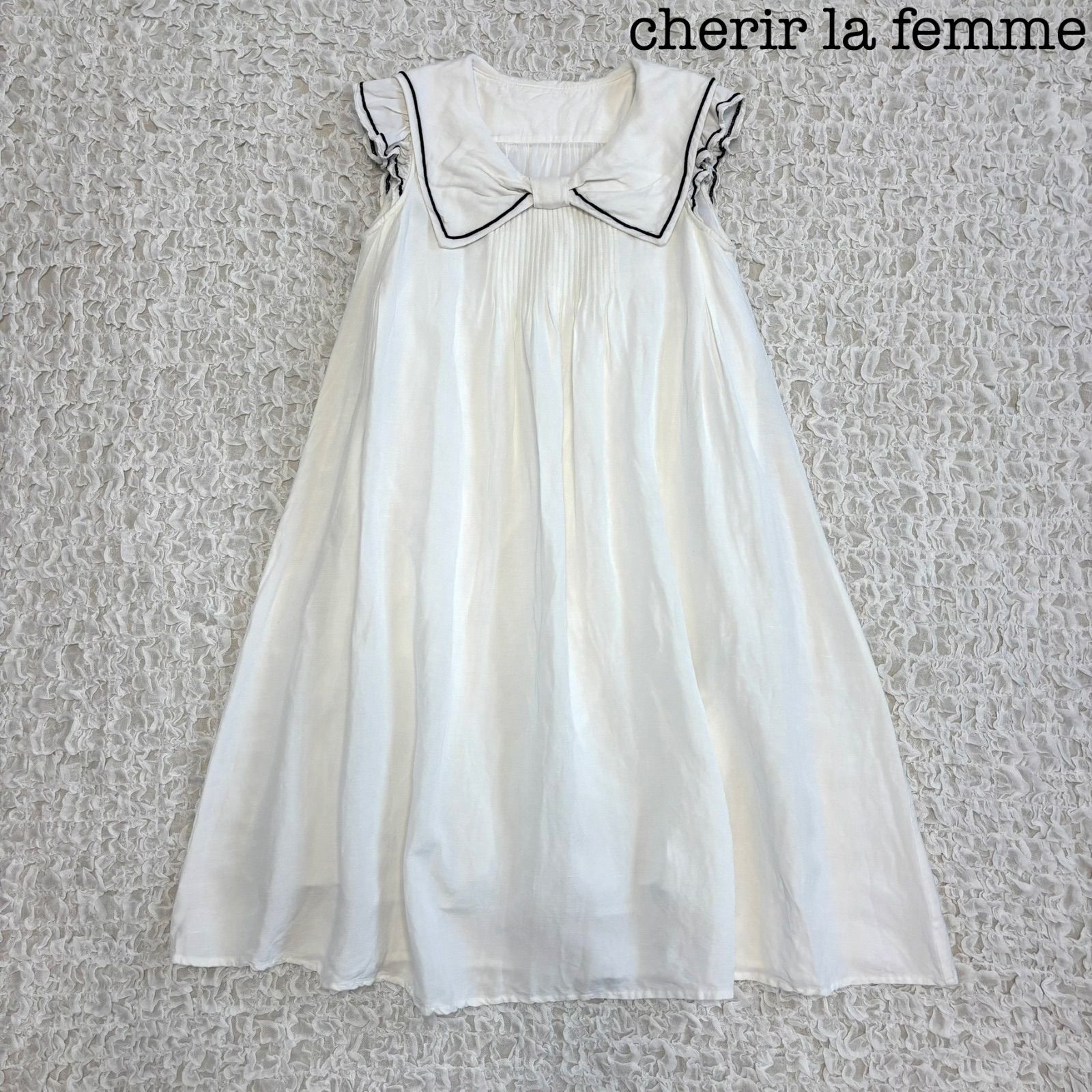 cherir la femme セーラーカラー ノースリーブ ワンピース リボン リネン混 ホワイト M - メルカリ